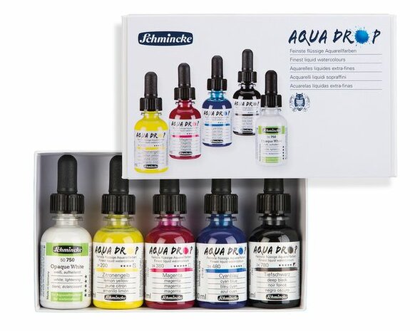 cardboard set 5 x 30 ml (primary colours) + Opaque White Aqua Drop Aquarelverf van Schmincke 30 ml Set 005