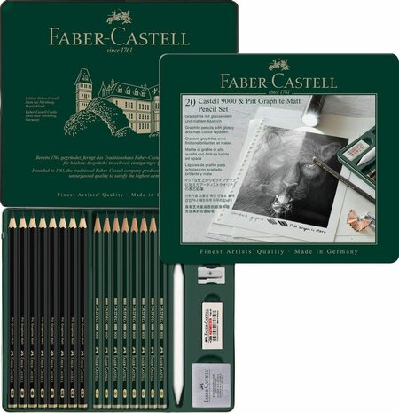 Blik a 16 stuks + 4 Accessoires Pitt Graphite Matt en Castell 9000 Grafietpotloden set Faber Castell