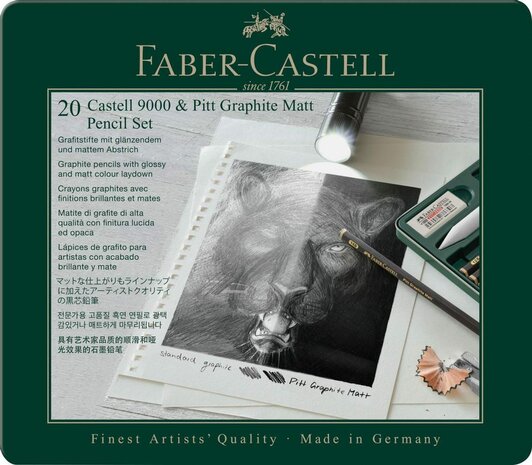 Blik a 16 stuks + 4 Accessoires Pitt Graphite Matt en Castell 9000 Grafietpotloden set Faber Castell