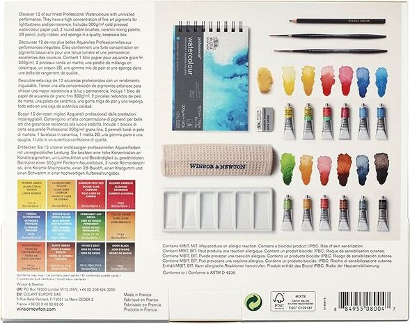 Houten koffer 12 tubes 5 ml & accessoires Professional Watercolour Aquarelverf van Winsor & Newton Set 815