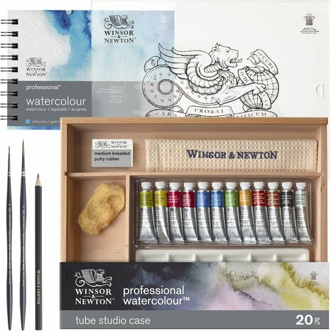 Houten koffer 12 tubes 5 ml & accessoires Professional Watercolour Aquarelverf van Winsor & Newton Set 815