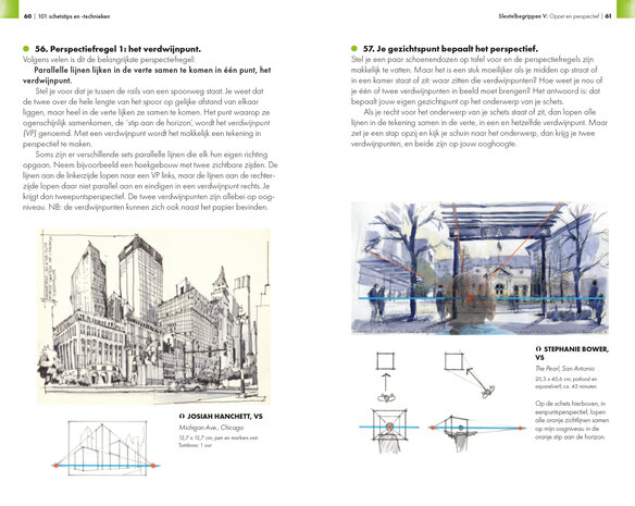 Voorbeeldpagina met urban sketch en schetstip – leer snel tekenen op locatie met heldere uitleg