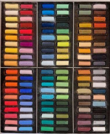 Inhoud van de Sennelier à l’ecu Paris collectie – 120 x halve softpastels in luxe doos
