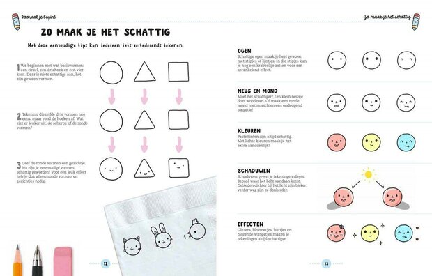 Voorbeeldpagina met kawaii-tekeningen en stap-voor-stap uitleg uit het boek Kawaii: Leuke dingen tekenen 2 