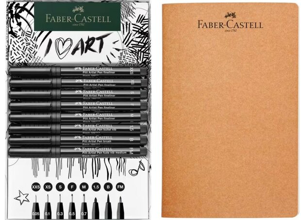 Faber-Castell Pitt Artist Pen set 8x zwart incl. schetsboek 140gr, lijnbreedtes XXS-FM inhoud