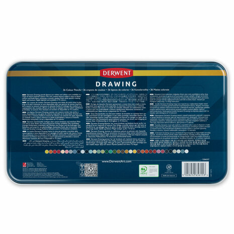 Derwent Drawing potloden set 36 kleuren – achterzijde  blik