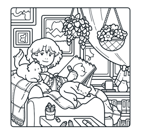 Bladzijde voorbeeld Cute & Cosy: Hartsvriendinnen kleurboek met 30 schattige illustraties over vriendschap