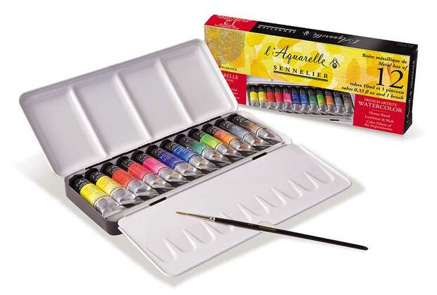 L'Aquarelle Metalen doos met 12 x 10 ml Sennelier extra fijne aquarelverf  Set 611
