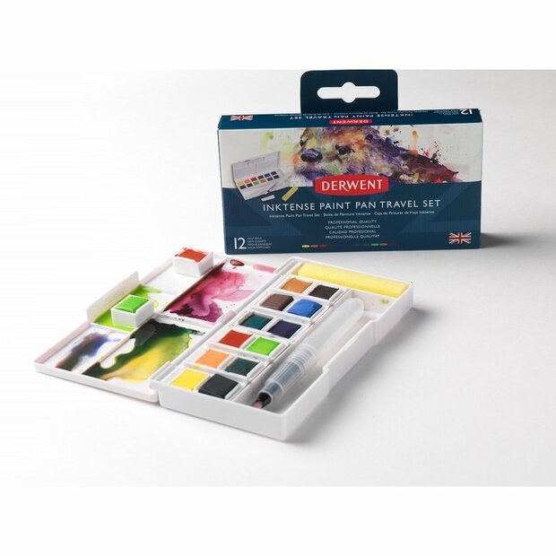 12 kleuren in halve napjes Inktense Paint Pan Travel Set #1 van Derwent