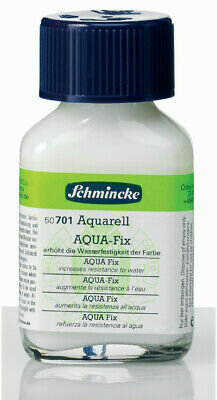 Glazen 60 ml flacon Schmincke Aqua-Fix (50701) aquarelmedium met een blauwe schroefdop en groen-wit etiket waarop 'incre