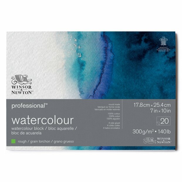 17,8 x 25,4 cm - 20 vellen Professional Aquarelblok 4-zijdig gelijmd 300 gram Rough / Grain Torchon van Winsor &amp; Newton