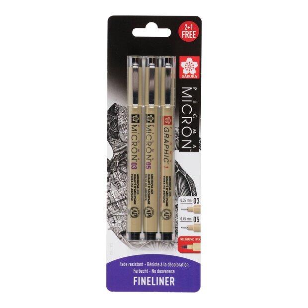 Sakura Pigma Micron Fineliners 2 + 1 gratis 03, 05 + Graphic Pen gratis