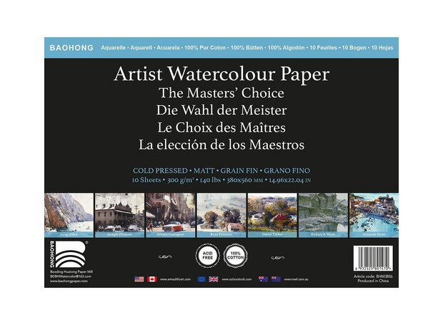 380 x 560 mm 300 grams Cold Pressed Grain Fin Medium Baohong Masters Choice Aquarelpapier pak 10 vel