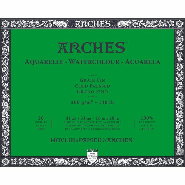 41x51cm Grain Fin / Cold Pressed Aquarelblok van Arches 100 % Katoen 300 grams 20 vellen 4-zijdig gelijmd