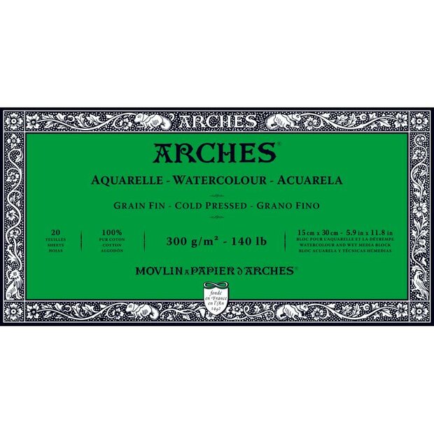15x30cm Grain Fin / Cold Pressed Aquarelblok van Arches 100 % Katoen 300 grams 20 vellen 4-zijdig gelijmd