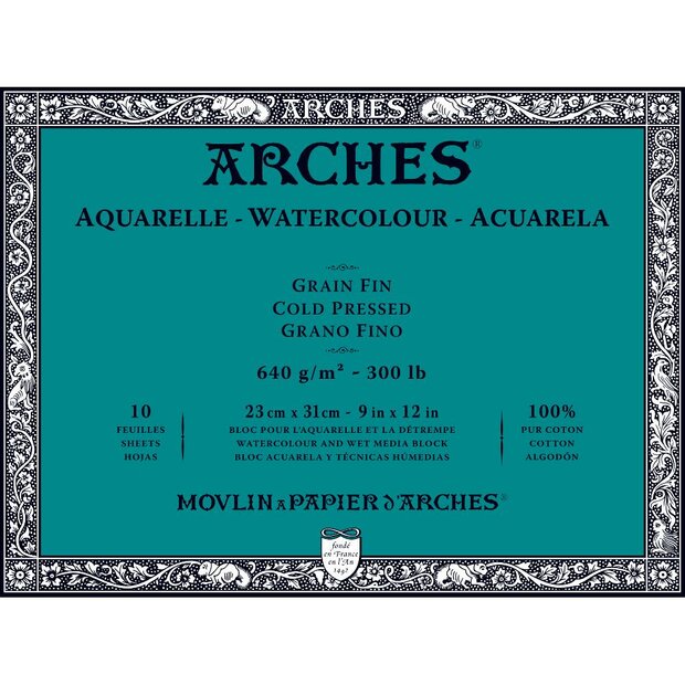 23x31cm Grain Fin / Cold Pressed Aquarelblok van Arches 100 % Katoen 640 grams 10 vellen 4-zijdig gelijmd