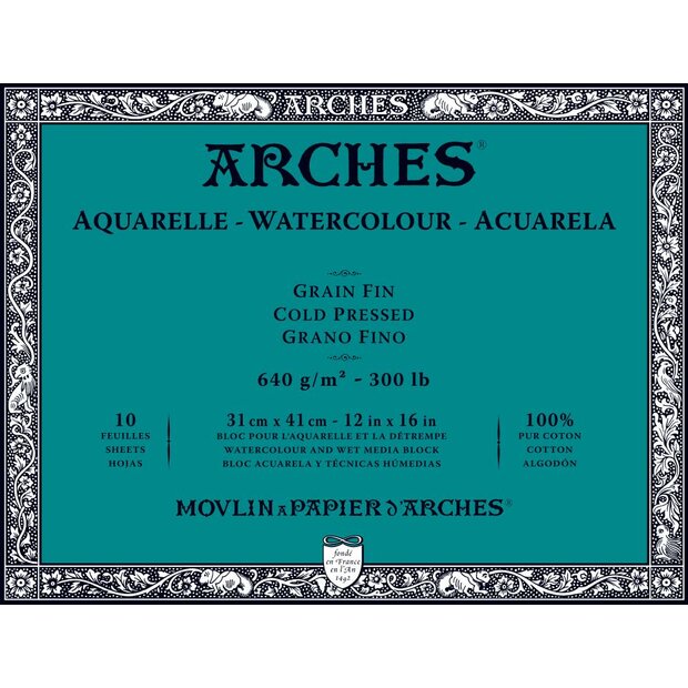 31x41cm Grain Fin / Cold Pressed Aquarelblok van Arches 100 % Katoen 640 grams 10 vellen 4-zijdig gelijmd