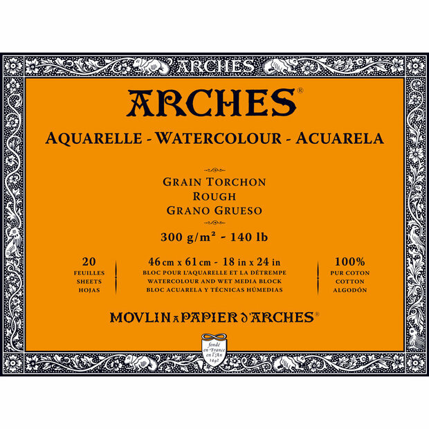 46x61cm Grain Torchon / Rough Aquarelblok van Arches 100 % Katoen 300 grams 20 vellen 4-zijdig gelijmd