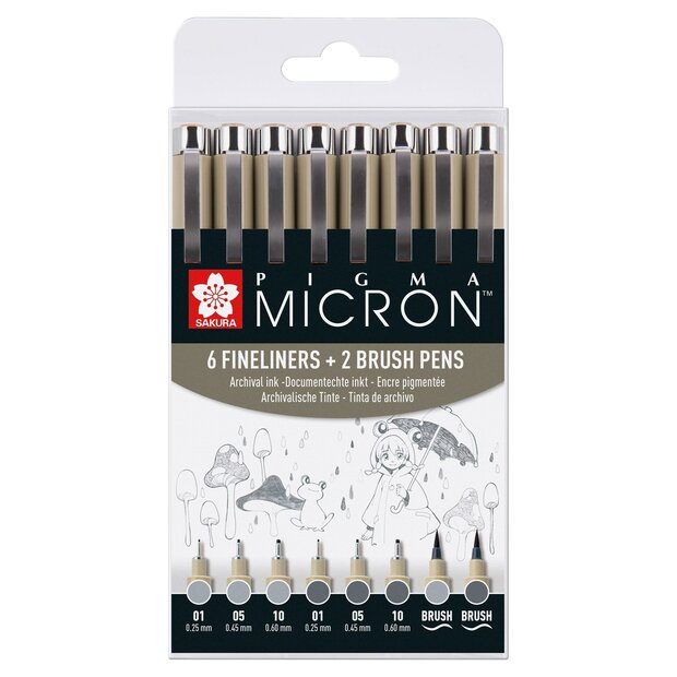 Licht Koelgrijs &amp; Koelgrijs Sakura Pigma Micron fineliner set met 8 pennen