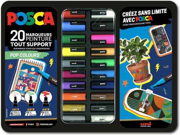 Uni Posca stiften PC-1MC, PC-3M en PC-5m in metalen koffer "Pop Colours" 20 stuks"
