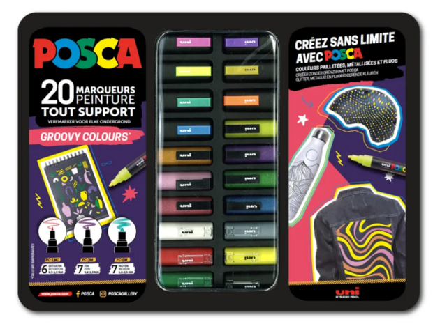 Uni Posca stiften PC-1MC, PC-3M en PC-5m in metalen koffer "Groovy Colours" 20 stuks"