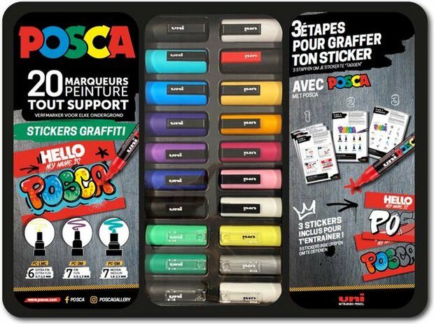 Uni Posca stiften PC-1MC, PC-3M en PC-5m in metalen koffer "Stickers Graffiti" 20 stuks"