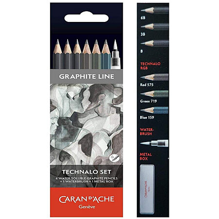 Set van 6 aquarel Graphite / Grafiet potloden &amp; 1 waterpenseel Caran d'Ache Technalo