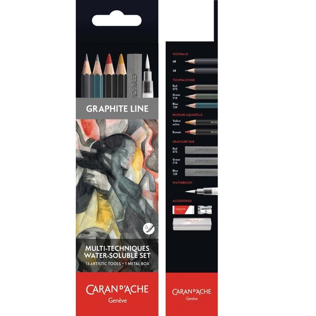 Set van 7 aquarel Graphite / Grafiet potloden 3 stiften &amp; accessoires Caran d'Ache Technalo