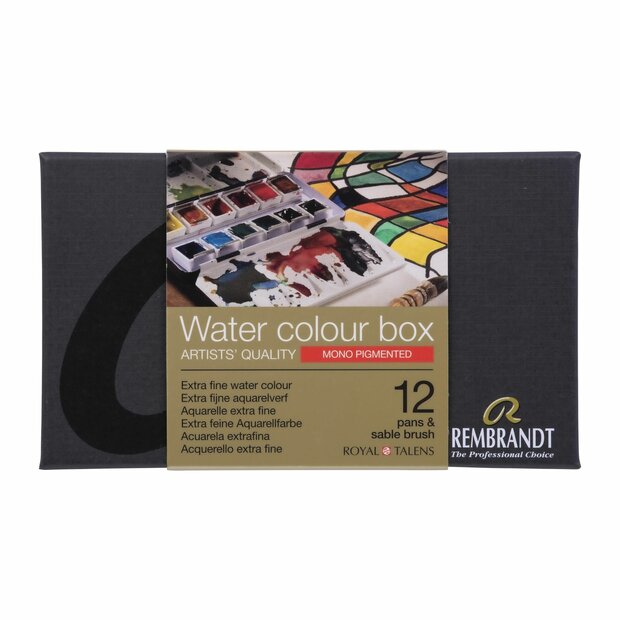 12 napjes + penseel Monogepigmenteerde Kleuren set Rembrandt Professionele Aquarelverf voorkant set