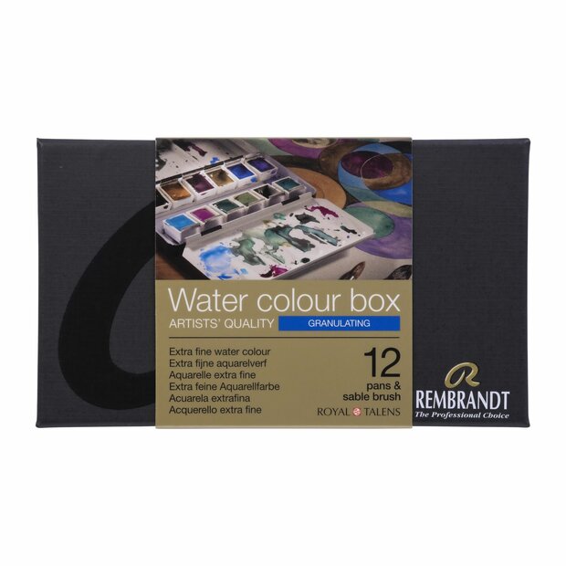 Voorkant van de set: 12 napjes + penseel Granulerende Kleuren set Rembrandt Professionele Aquarelverf