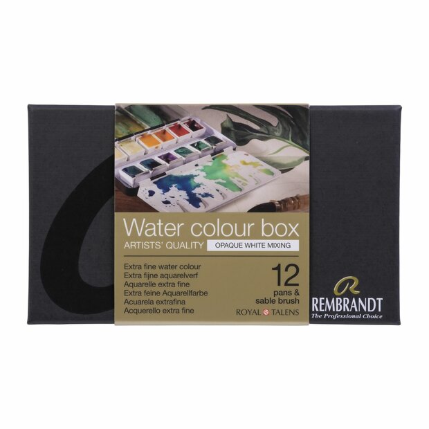 Voorkant set: 12 napjes + penseel Dekwit Mengkleuren set Rembrandt Professionele Aquarelverf