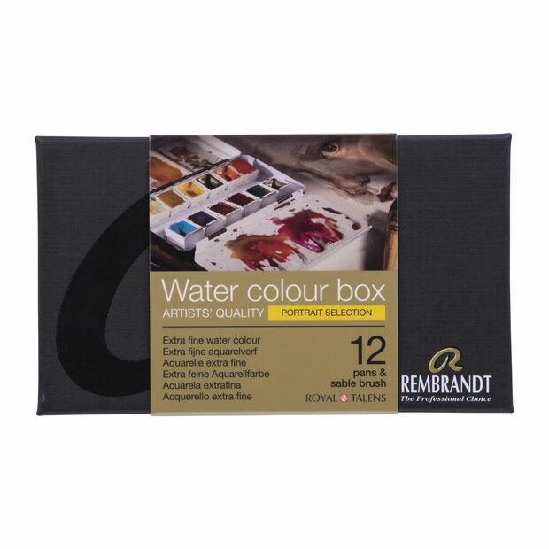Voorkant van set: 12 napjes + penseel Portretselectie set Rembrandt Professionele Aquarelverf