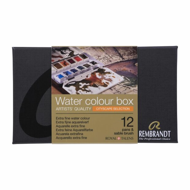 Voorkant van set: 12 napjes + penseel Urban Cityscape set Rembrandt Professionele Aquarelverf