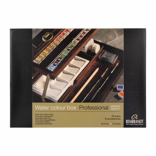 Voorkant van set: 28 napjes + accessoires luxe houten kist Rembrandt Professionele Aquarelverf