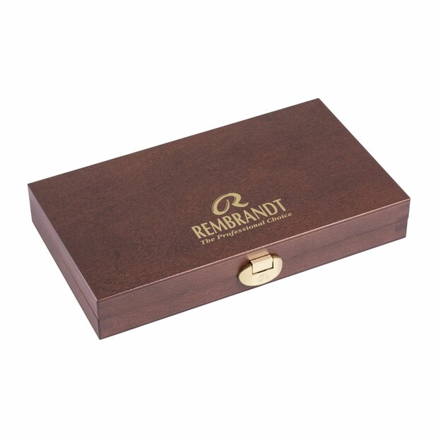 Voorkant van set: 24 napjes + accessoires luxe houten kist Rembrandt Professionele Aquarelverf