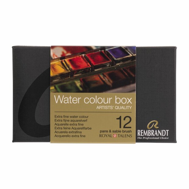 Voorkant set: 12 napjes + penseel set Rembrandt Professionele Aquarelverf