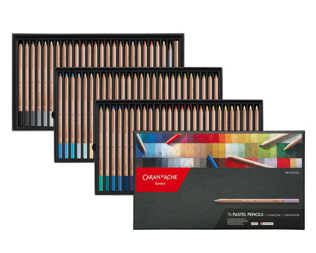 Set met 76 kleuren + 1 grafiet- &amp; 1 houtskoolpotlood /  Caran d'Ache Pastel Potloden / Pencils Set 376