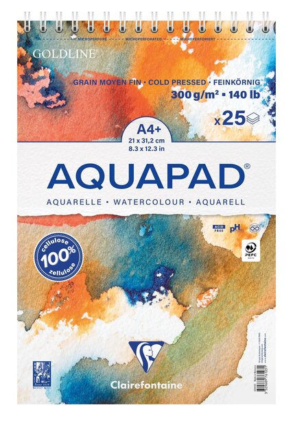 976103C A4+ Clairefontaine Aquapad Aquarelpapier Blok Vegan &ndash; 25 Vellen, 300g, Spiraalbinding 3329689761031