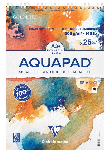 976104C A3+ Clairefontaine Aquapad Cold Pressed Aquarelpapier Blok Vegan &ndash; 25 Vellen, 300g, Spiraalbinding 3329689761048