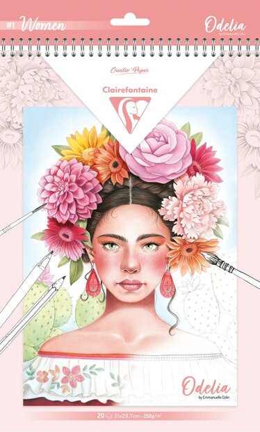 Voorkant van ODELIA Clairefontaine Multi-Techniek Kleurboek &ndash; A4+ Blok, 20 Vellen, 250g, Spiraalbinding &ndash; Vrouwen