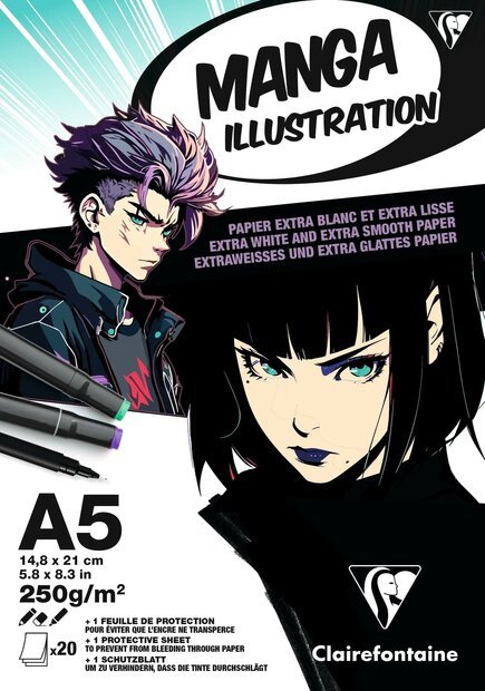 Voorkant van Clairefontaine Manga Illustratieblok &ndash; A5, 20 Vellen, 250g, Glad Bristolpapier 976162C 3329689761628