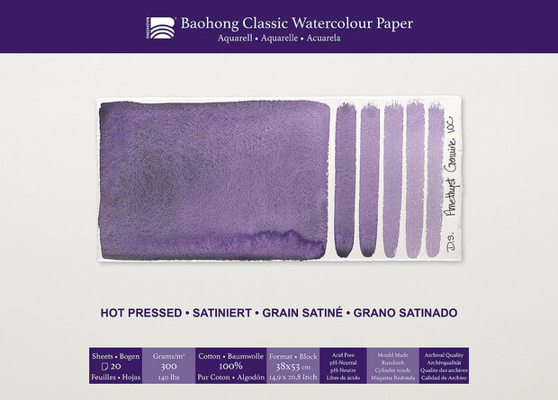 380 x 530 mm 4-zijdig verlijmd 300 grams Hot Pressed Grain Satine Glad Baohong Classic 100 % katoen aquarelpapier Blok 20 vel