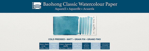 130 x 380 mm 4-zijdig verlijmd 300 grams Cold Pressed Grain Fin Medium Baohong Classic 100 % katoen aquarelpapier Blok 20 vel