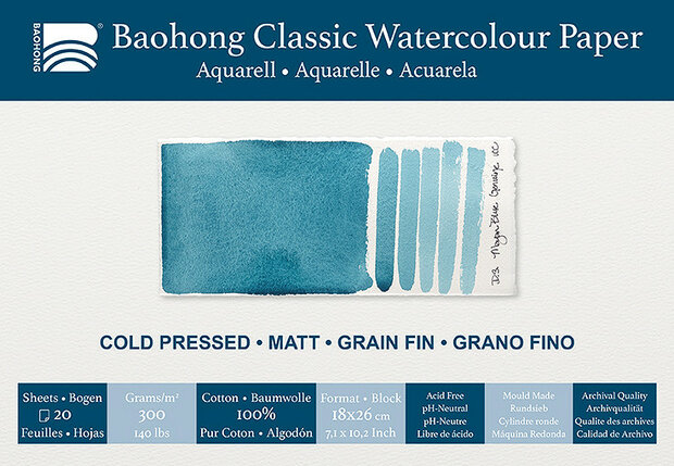 180 x 260 mm 4-zijdig verlijmd 300 grams Cold Pressed Grain Fin Medium Baohong Classic 100 % katoen aquarelpapier Blok 20 vel