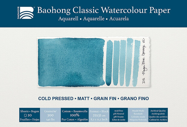 210 x 310 mm 4-zijdig verlijmd 300 grams Cold Pressed Grain Fin Medium Baohong Classic 100 % katoen aquarelpapier Blok 20 vel