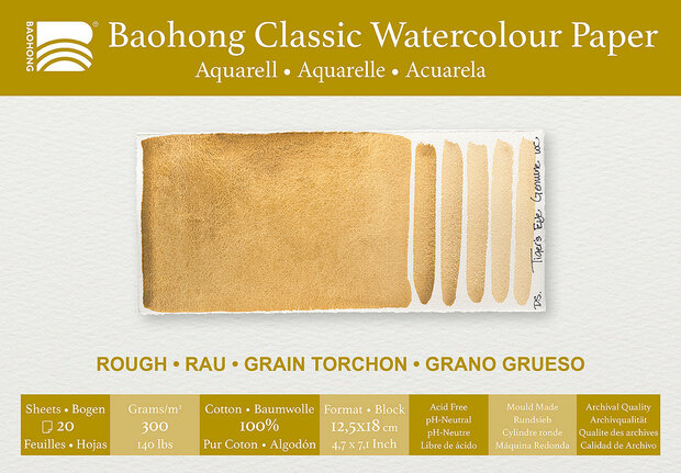 125 x 180 mm 4-zijdig verlijmd 300 grams Rough Grain Torchon Ruw Baohong Classic 100 % katoen aquarelpapier Blok 20 vel