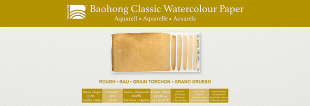 130 x 380 mm 4-zijdig verlijmd 300 grams Rough Grain Torchon Ruw Baohong Classic 100 % katoen aquarelpapier Blok 20 vel