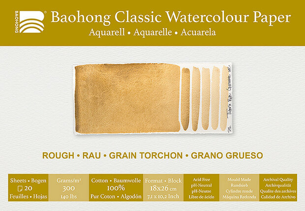 180 x 260 mm 4-zijdig verlijmd 300 grams Rough Grain Torchon Ruw Baohong Classic 100 % katoen aquarelpapier Blok 20 vel