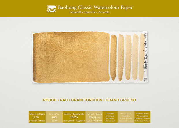 380 x 530 mm 4-zijdig verlijmd 300 grams Rough Grain Torchon Ruw Baohong Classic 100 % katoen aquarelpapier Blok 20 vel