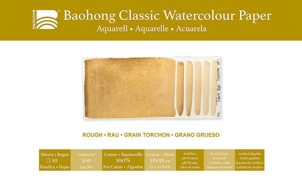 380 x 560 mm 300 grams Rough Grain Torchon Ruw Baohong Classic 100 % katoen aquarelpapier Pak 10 vel